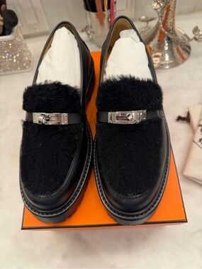 Hermes Black Fur-Trim Leather Loafers with Silver Buckle